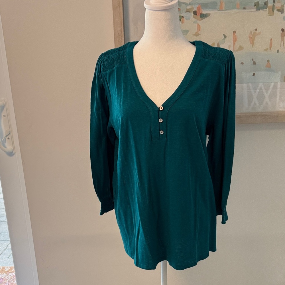 NWT 🌸 J Jill Deep Teal V-Neck Button Henley Top Size Large
